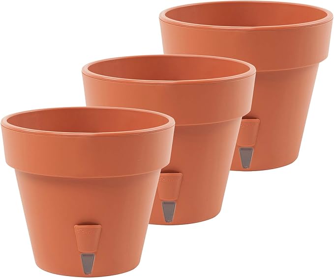 DECOPOTS - Pack of 3 - Self Watering Planter - Height 6.9 inches - Flower Pot with Bottom Watering Level Indicator for All House Plants, Flowers, Herbs (Diameter 7.9", Terracotta)