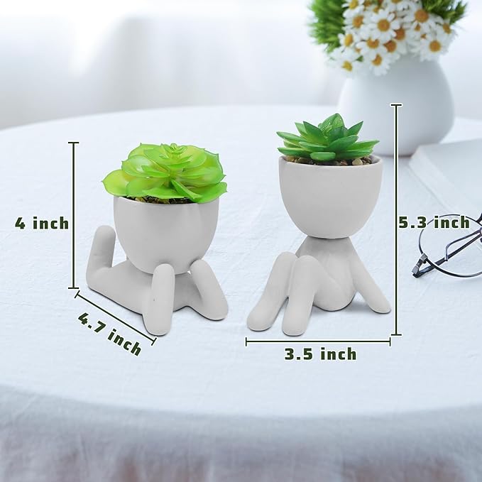 Zerzsy 2PCS Cute Artificial Succulent Plants with Creative Human Shaped Pots, Desk Decoration for Home and Office Decor (Cement Gray)