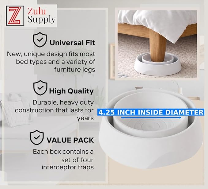 Bed Bug Interceptor Traps – White 4-Pack Passive Monitor & Detection Trap – Universal Fit for Bed & Furniture Legs – Reusable Non-Climbable Wall Pest Control Protection (White 4-Pack)