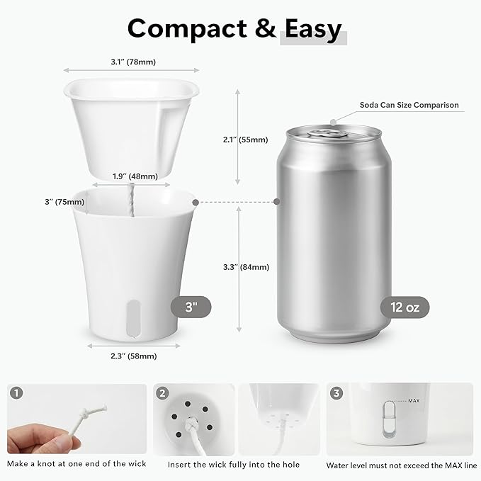 10 Pack 3 Inch Self Watering Pots for Indoor Plants, White Plastic Planters with Water Level Indicator, Drainage Holes & Wick, Small Plant Pots for Cuttings, Seedlings, Herbs, African Violets