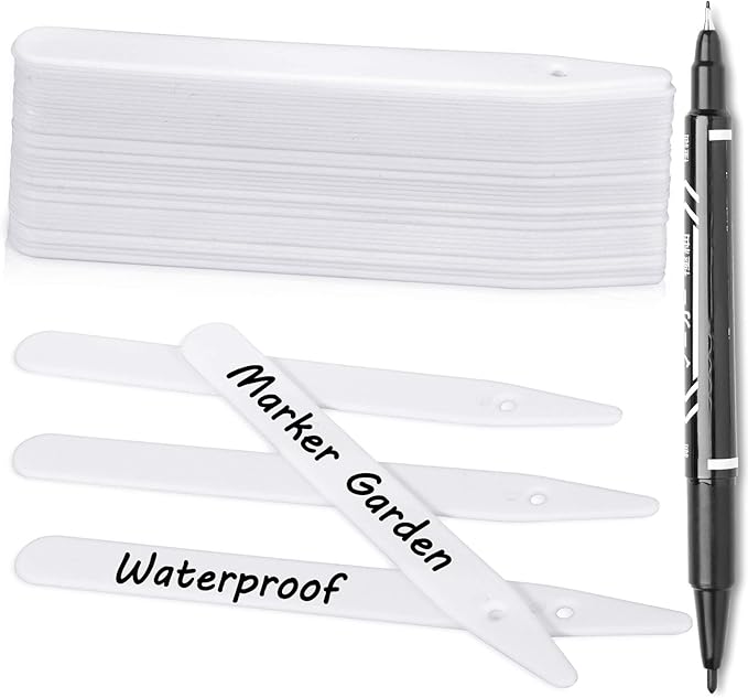 Whaline 200Pcs Thick Plastic Plant Labels with Hole White Waterproof Garden Stake Tag Marker Signs for Greenhouse Garden Seedlings Flowers Spotted Plants with 2 Marker Pen and Twine (12.5 CM)