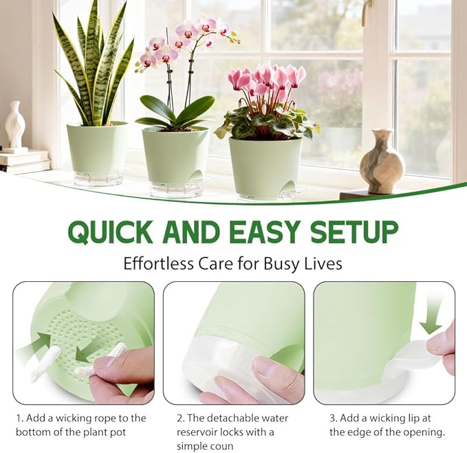 Self Watering Pots for Plants, 2026 New Flower Plant Pots with Drainage Holes, Wicking and Clear Reservoirs for Succulent, Aloe, Cacti and Others - 6 Pack (Green, 4")