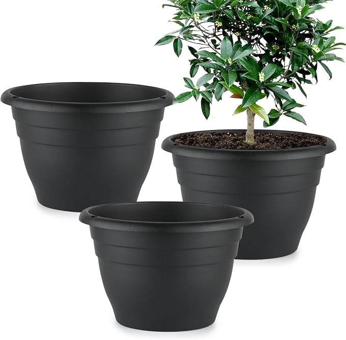 RooTrimmer 3 Pack 11 Inch Plant Pots,Plastic Flower Pots with Drainage Holes,Lightweight Durable Planters for Indoor Outdoor Plants,Modern Decorative Pots for Patio Garden(Black)