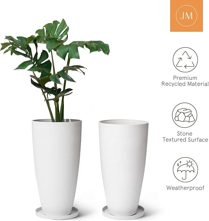 LA Jolie Muse Tall White Planters Set of 2,20 Inch Indoor/Outdoor Round Planters with Shelf Inset,Modern Large Planters with Drainage Holes for Front Door,Balcony and Patio Deck