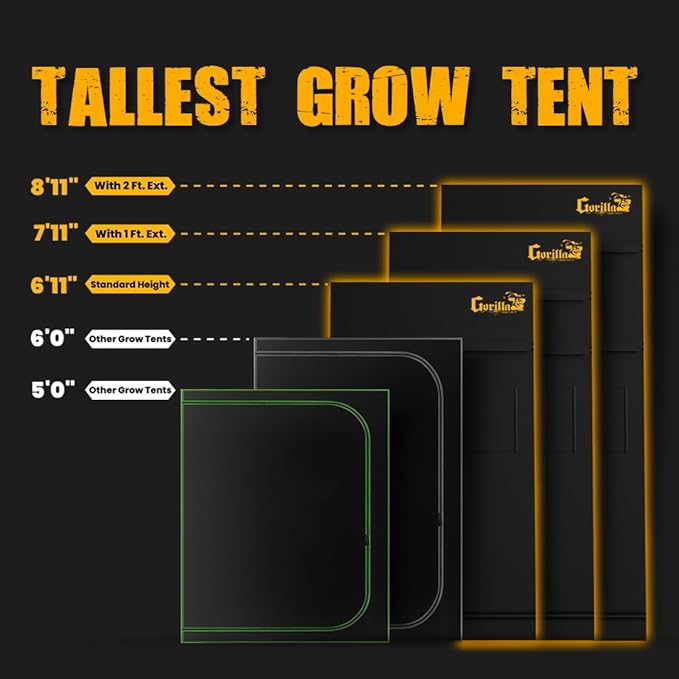 Gorilla Grow Tent Pro 4' x 8' x 6'11 to 7'11 w/Included Extension Kit - Tallest Premium Indoor Grow Tent, Thickest & Most Durable Gorilla Canvas, Strongest w/ 300lb Hang Capacity, Hydroponic Grow Box