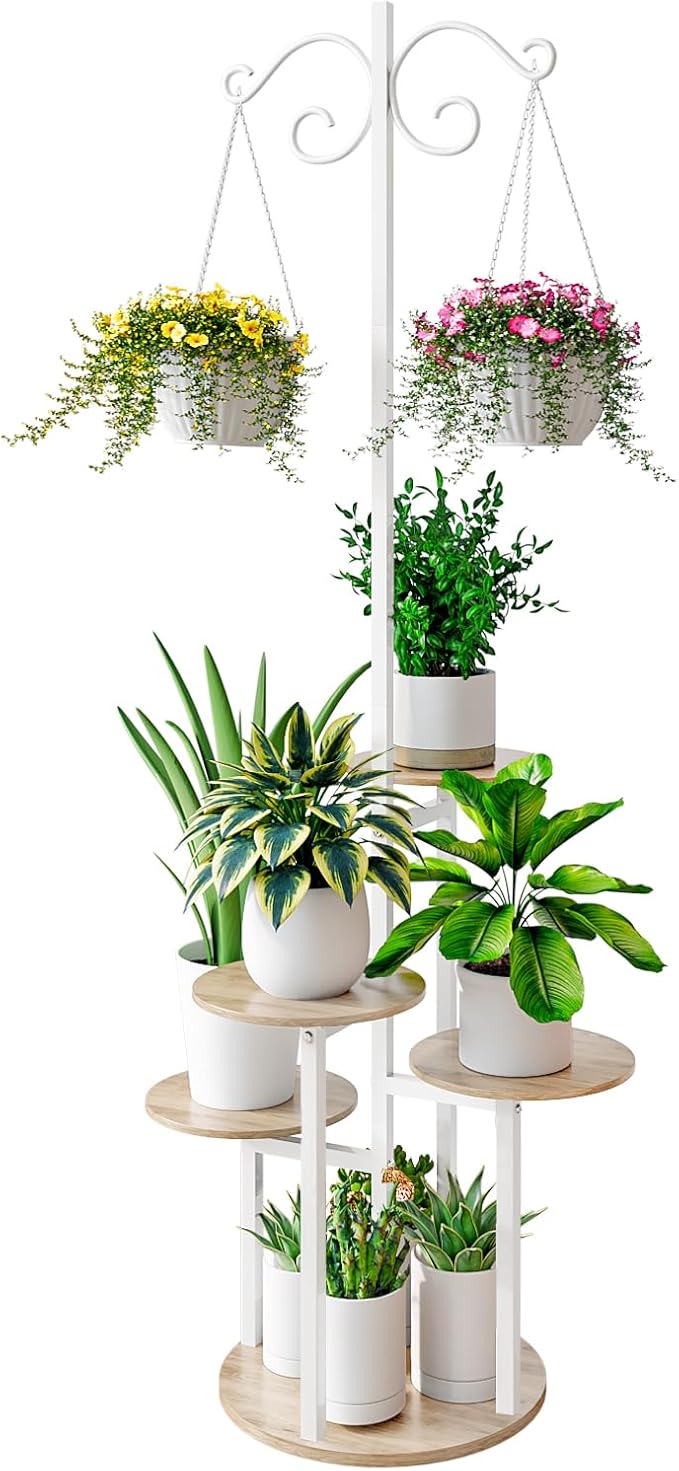 INGIORDAR Plant Stand Indoor Outdoor Corner Flower Stands Multiple Flower Pot Holder for Patio Garden Balcony Living Room 5 Tier with hook White+Sonoma Oak