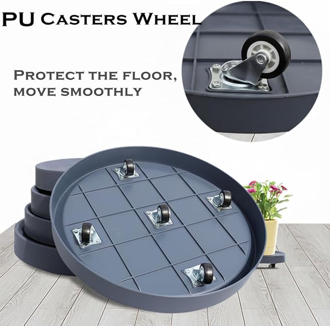 13.6inch Plant Caddy with Wheels 2Pack Mobile Plant Stand with Hidden Wheels,Gray+Light Gray,Round Flower Pot Trolley for Indoor Outdoor