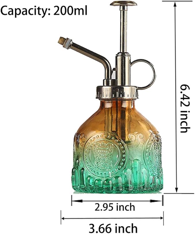 Plant Mister Glass Spray Bottle Small Plant Watering Can 6.4" Tall Retro Indoor Watering Can Bronze Plastic Top Pump for Garden Indoor Plant Sprayer