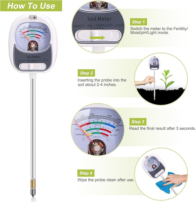 HSLGOVE 4-in-1 Soil Test Kit – Soil Moisture Meter, pH, Fertility & Sun-Light, No Battery Required, Large Dial Soil Tester for Indoor & Outdoor Gardening, Lawn, Farm –Pearl White