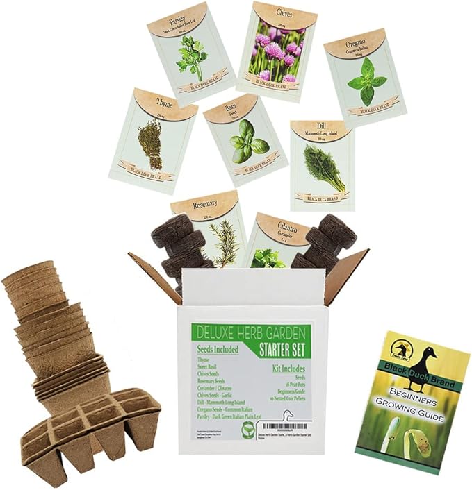 Deluxe Herb Garden Starter Kit - Includes: Seeds, Peat Pots, Netted Coir Pellets, and a Beginners Guide - Easy Starter Kit for Gardeners - Heirloom, Non-GMO (Deluxe Herb Garden Starter Set)