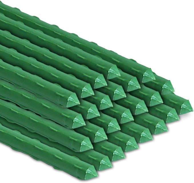 BOTINDO Garden Stakes 48 Inches Sturdy Green Plant Sticks 25 Pack, Metal Tomato Stakes Support, Yard Plant Support Cage for Potted Plants, Tomatoes, Trees, Cucumber, Fences, Beans (48 inch)