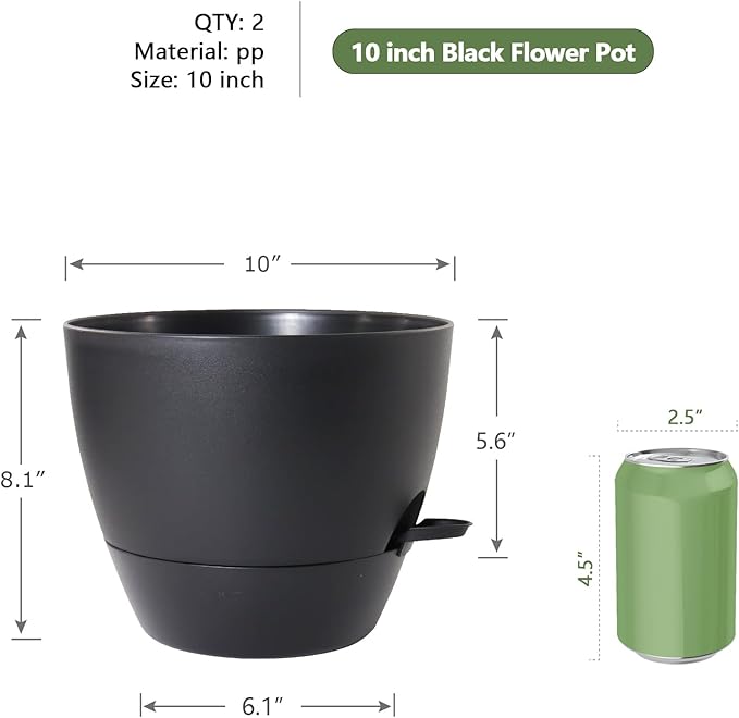 WSMKSZ 10 inch Self Watering Pots, 2 Pack Plastic Planters with Mesh Drainage Holes for Garden Plants and Flower, Plants Pots with Deep Reservoir for Indoor Outdoor Plants, Black