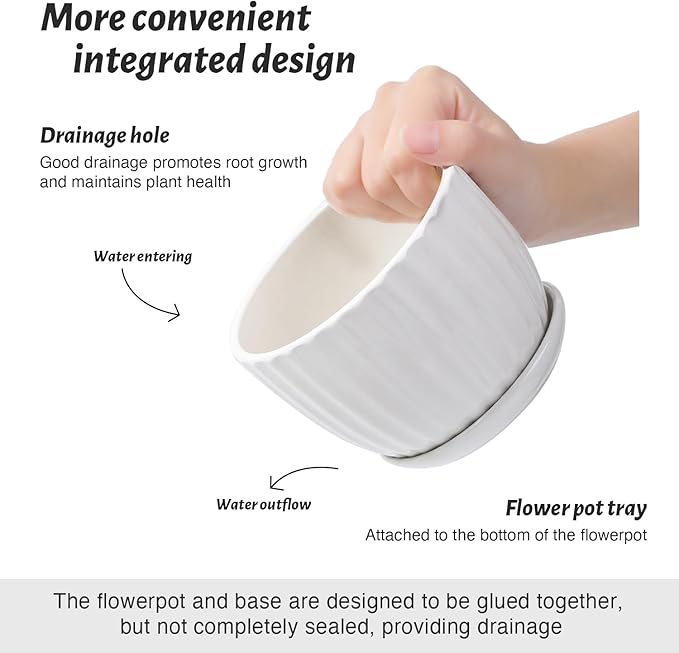 STHIE 4/5/6 Inches Ceramic Plant Pots with Drainage Holes and Saucers, Round Flower Pots for Indoor Plant, Modern Flower Planters Set of 3 (White-Big Size)