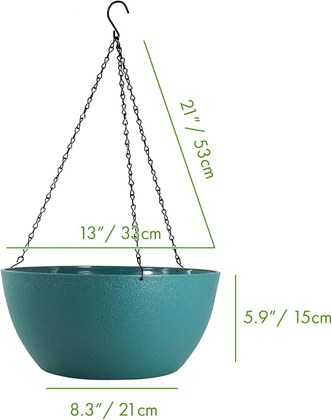 WSMKSZ 13 inch Large Hanging Planters Plant Pots for Outdoor Indoor Plants with Drainage Holes and Chain, 2 Pack Round Hanging Flower Pots for Garden Home Porch Decor, Blue Green