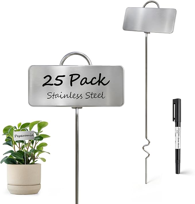 25-Pack Metal Plant Labels Plant Tags Stainless Steel Garden Waterproof Markers for Outdoor vetgetable Seeding Flowers (Single-Foot)