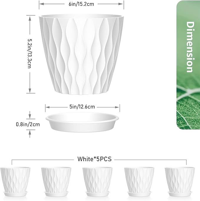 Meowell 6 inch Flower Pots, 5 Pack Plant Pots for Indoor Outdoor Plants, Water Ripples Plastic Planters with Drainage Holes and Saucers, Nursery Pots for Small Succulent Garden House Plants, White