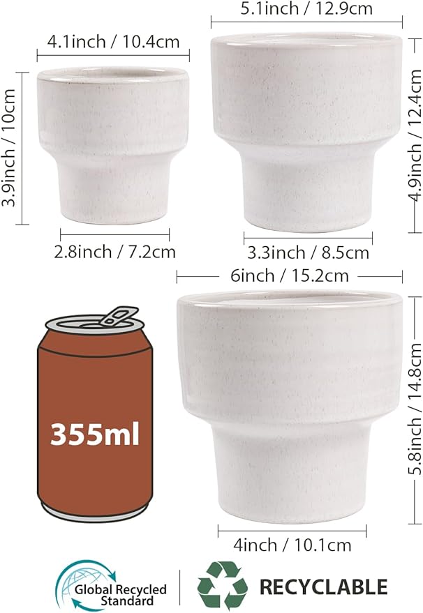 INGOFIN Ceramic Planter Pot Set of 3, 4/5/6 Inch Indoor Decorative Cachepot for Pothos & Succulents, No Drainage Hole, Modern Architectural Plant Display for Contemporary Home Decor, Pockmarks White