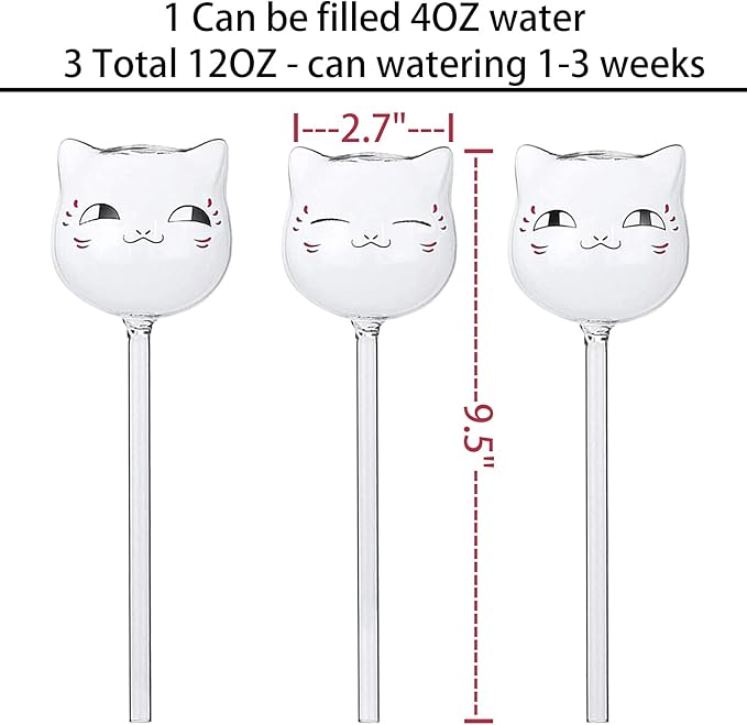 3 Pack Plant Waterer Self Watering Globes, Cute Cat Transparent Mini Durable Clear Glass Aqua Bulbs for Indoor, Automatic Plant Watering Devices, Gifts for Family and Friends