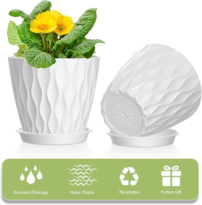 UOUZ 12 Pack 4 Inch Small Plant Pots with Saucers, Waffle Texture Plastic Planters with Drainage Holes for Indoor and Outdoor Plants, Flowers, Herbs, Succulents, and Seedlings, White