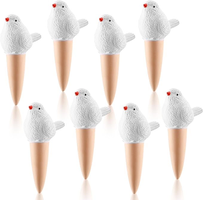 Sliner 8 Pack Bird Shaped Plant Watering Globes Self Watering Planter Insert Terracotta Irrigation Globe Devices with Slow Release Automatic Water Spike for Indoor Outdoor Potted Plant(White)