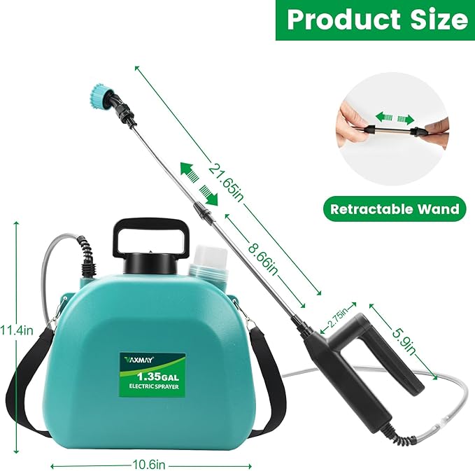 Battery Powered Sprayer 1.35 Gallon, 2026 Electric Garden Sprayer with 3 Adjustable Speeds, 4 Mist Nozzles, Rechargeable Handle, Retractable Wand with Adjustable Shoulder Strap for Weed Lawn(Green)