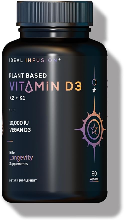 Vegan Vitamin D3 10,000iu with K1 K2: Natural Plant Based D3 - Burp-Free Patented Coconut MCT Powder for Improved Absorption - Immune Support & Bone Structure (90 Servings) Wildcrafted D3 Lichen