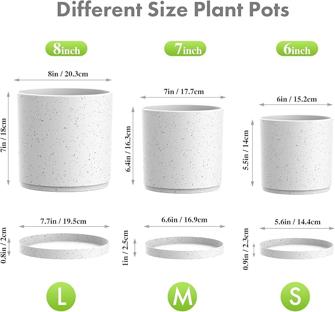 Meowell 8/7/6 inch Flower Pots, 3 Set Cylindrical Plant Pots for Outdoor Indoor Plants, Decorative Plastic Planters with Drainage Holes and Saucers for Garden House Plants, White with Black Speckles