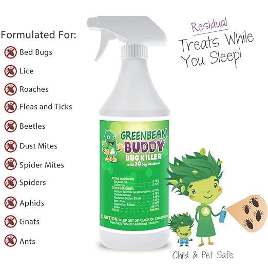 Green Bean Buddy Bed Bug Killer That Works, Roach Killer, Flea and Tick Killer, Beetle, Mite Spray with Residual Protection, Child & Pet Friendly, 32oz