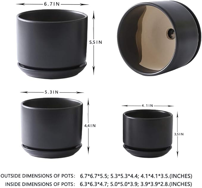 Yishang Succulent Plant Pots,6.7+5.3+4.1 in Glazed Ceramic Planters with Connected Saucers, Round Modern Ceramic Flower pots - Small to Large Sized Plant pots for All House Plants(Matte Black)
