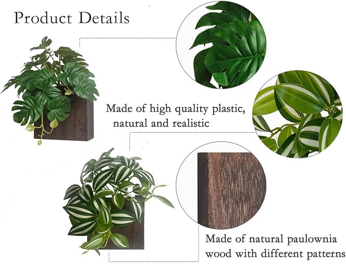 Wood Wall Planter Vase with Artificial Plants Wall Decor, Small Wall Plant Decor Hanging Greenery Fake Monstera Indoor for Living Room Bedroom Bathroom Kitchen Office (Brown)