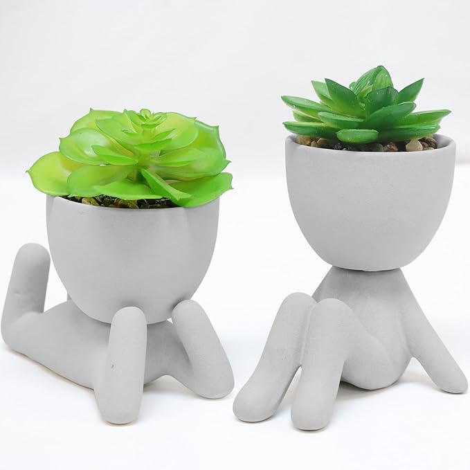 Zerzsy 2PCS Cute Artificial Succulent Plants with Creative Human Shaped Pots, Desk Decoration for Home and Office Decor (Cement Gray)