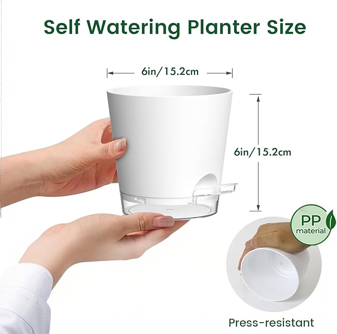 Meowell 6 inch Self Watering Pots for Indoor Outdoor Plants, 3 Pack Flower Plant Pots with Drainage Holes and Clear Reservoirs, Visible Water Level, Plastic Planters with Wicking Rope, White