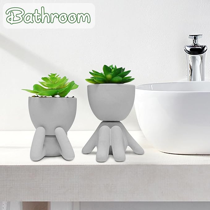 Zerzsy 2PCS Cute Artificial Succulent Plants with Creative Human Shaped Pots, Desk Decoration for Home and Office Decor (Cement Gray)