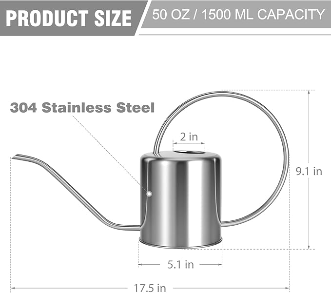 Plant Watering Can, 50 oz / 1500 ml Stainless Steel Metal - Modern Decorative with Long Spout for Indoor Potted Plants, Bonsai, Garden Flowers, Silver