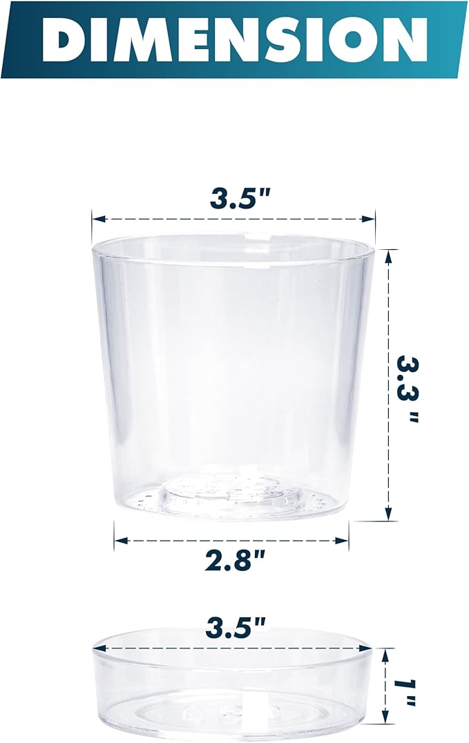 Phoenix Vine 3.5 Inch Clear Acrylic Planter Pot with Tray, Orchid Pot with Drainage Holes, Deep Saucer for Bottom Watering, Transparent Containers for Indoor Plants, Herbs, Set of 12, 91-A-D-12