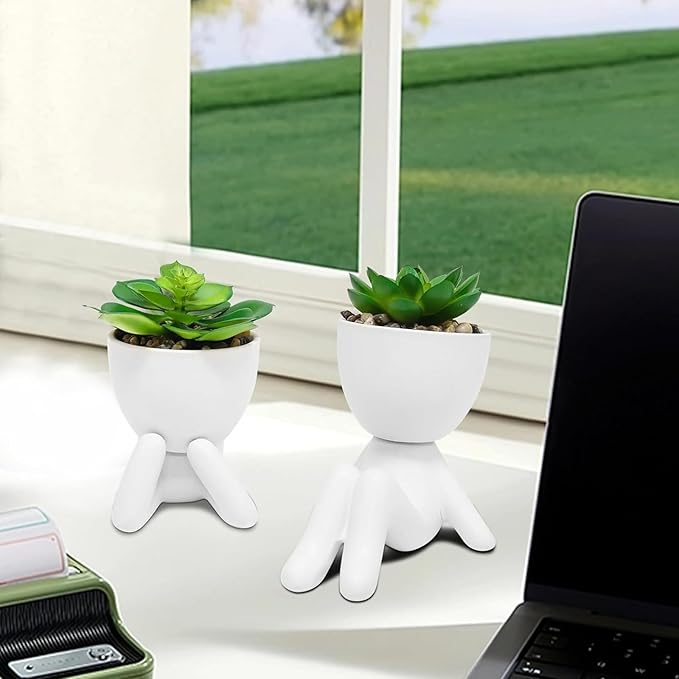 Zerzsy Set of 2 Small Fake Plants with Human-Shaped Pots, Fake Succulents Plant Artificial Office Desk Accessories Decorations Funny Room Decor Mini Plant Bathroom Decorations (Ceramic White)