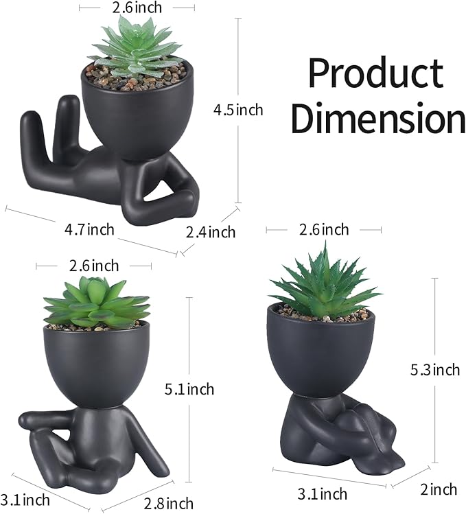 3 Pcs Succulent Artificial Plants Indoor Fake Plants for Office Desk Bathroom Bedroom Room Aesthetic Decor Accessories with Cute Creative Humanoid Ceramic Planter