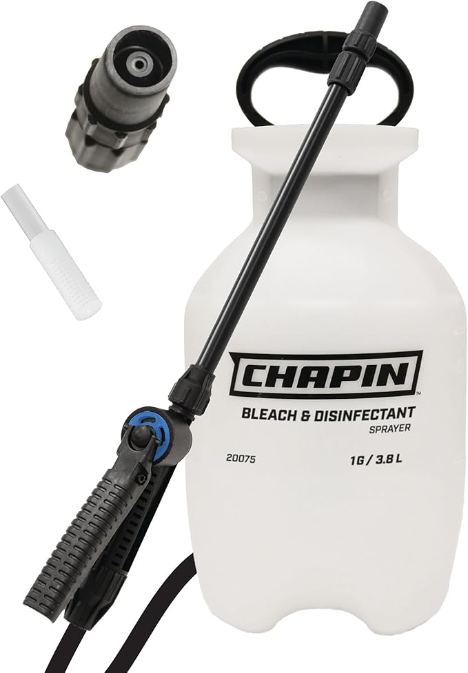 Chapin 20075 Bleach Pump Sprayer, 1‑Gallon, Lawn & Garden, Bleach‑Resistant Poly Tank, Funnel‑Top, Anti‑Clog Filter, Adjustable Cone Nozzle, 40" Hose for Cleaning, Mold & Disinfecting Applications