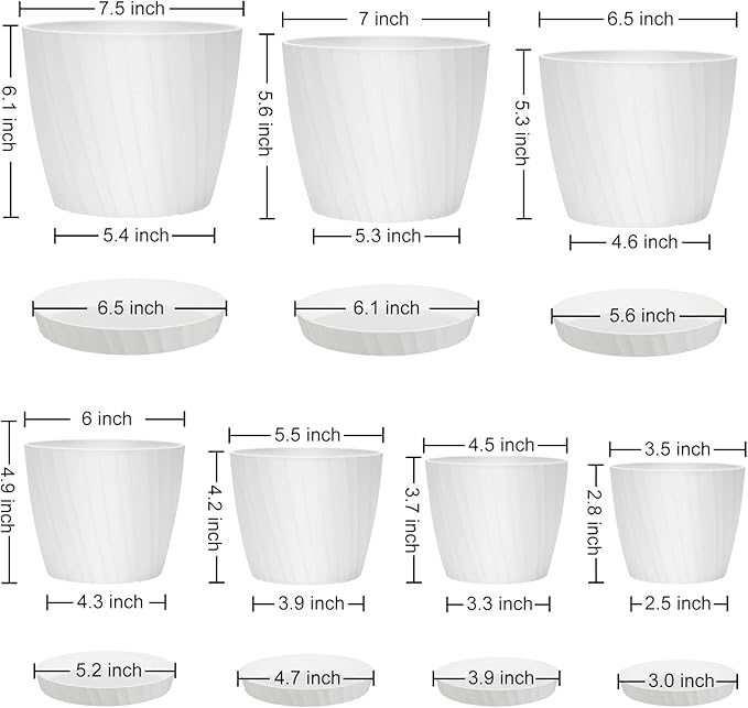 YNNICO 7 pcs Plant Pots with Drainage Holes and Saucers, Indoor Planters, Set of 7 (7.5, 7, 6.5, 6, 5.5, 4.5, 3.5 Inches), White