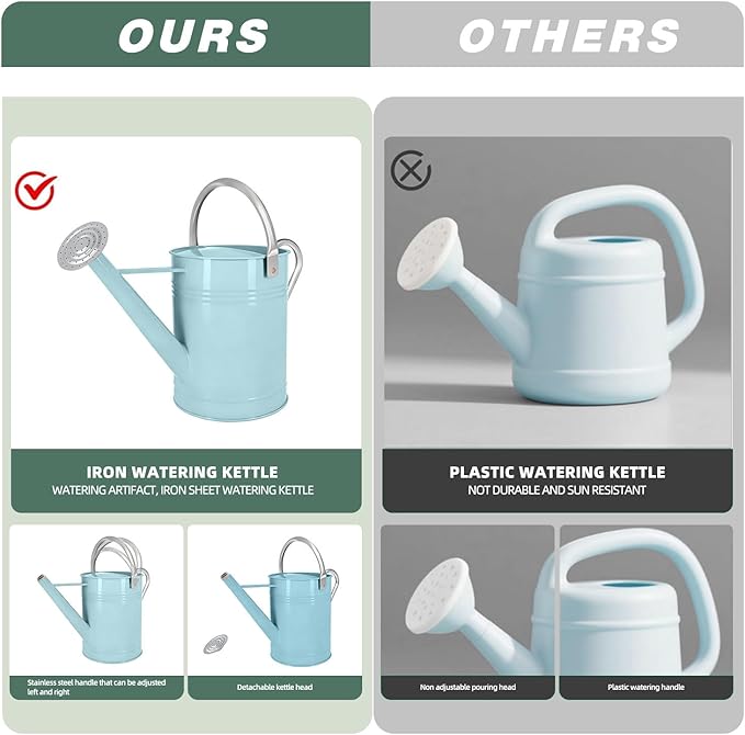 Metal Watering Can for Outdoor Plants, 1.7 Gallon Light Blue Garden Watering Can for Flower, Houseplants, Galvanized Finish