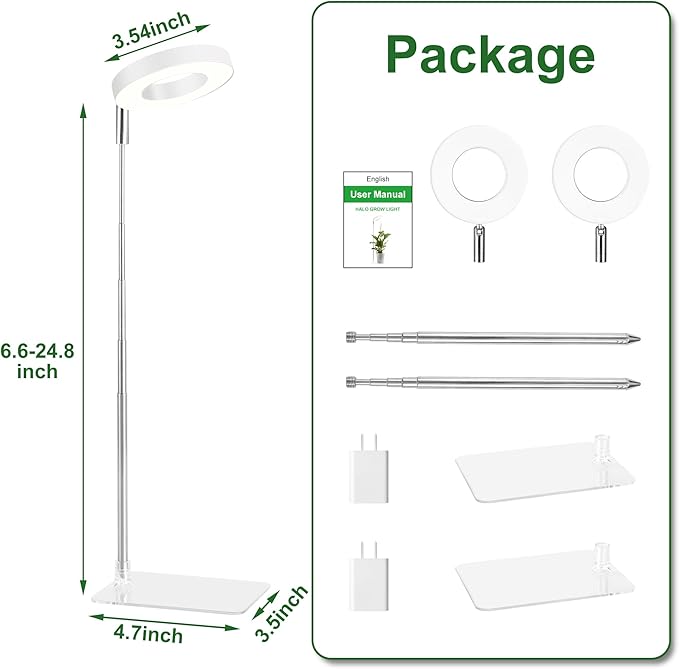 3.54" White Grow Light, Full Spectrum Plant Lights for Indoor Growing with 3/9/12H Timer, 3 Color Modes, 10 Brightness, 6.6"-24.8" Height Adjustable，Small Halo Grow Light with Base, 2 Pack