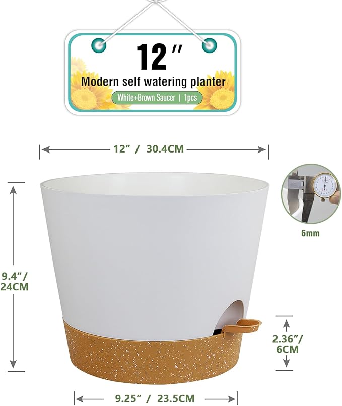 Meowell 12 inch Large Self Watering Pots for Indoor Outdoor Plants, Flower Plant Pots with Drainage Holes for Garden House Plants, Plastic Planters with Reservoir for Home, White with Brown