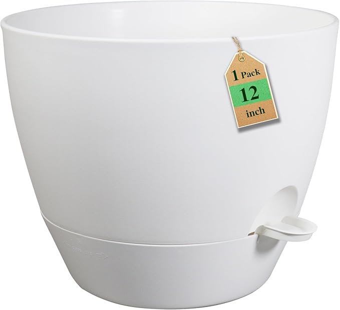 WSMKSZ 12 inch Large Self Watering Pots, Flower Plant Pots with Multi Mesh Drainage Holes for Indoor Outdoor Garden Plants and Flowers, Plastic Planters with Removable Reservoir, White