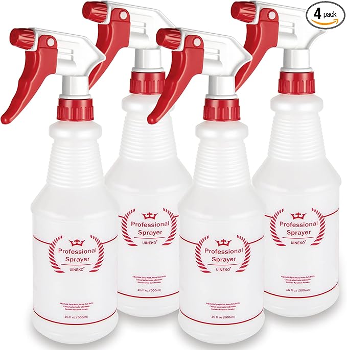 Uineko Plastic Spray Bottle (4 Pack, 16 Oz, All-Purpose) Heavy Duty Spraying Bottles Leak Proof Mist Empty Water Bottle for Cleaning Solution Planting Pet with Adjustable Nozzle and Measurements