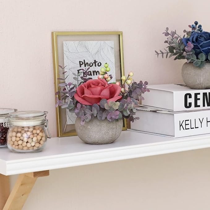 Small Artificial 2pcs Pink Rose Potted Plant, 6" Fake Silk Flowers in 3.5" Round Pot, Mini Faux Floral Arrangement for Desk Shelf Bathroom Decor