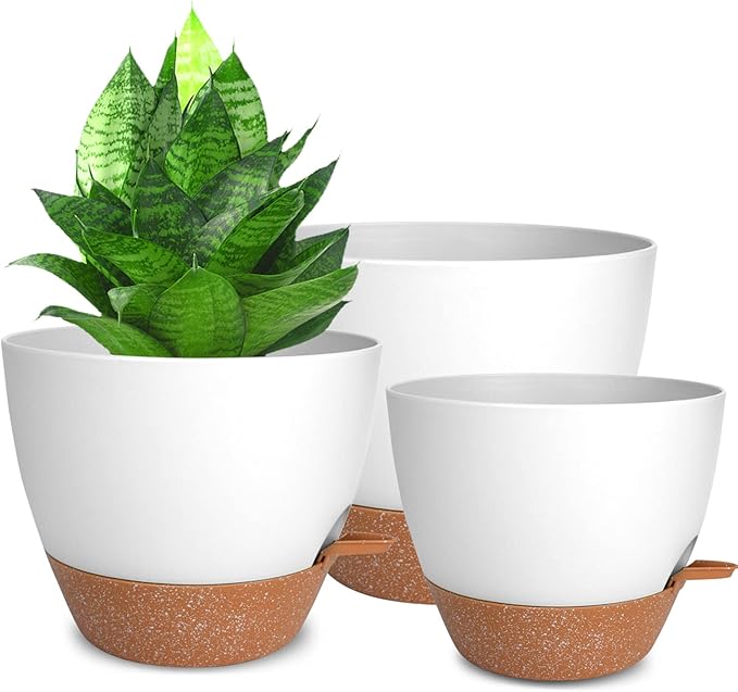 Vanslogreen Planters for Indoor Plants, 10/9/8 Inch Self Watering Plant Pots with Drainage Hole, Plastic Planters Flower Pots for Indoor Outdoor Plants (White)