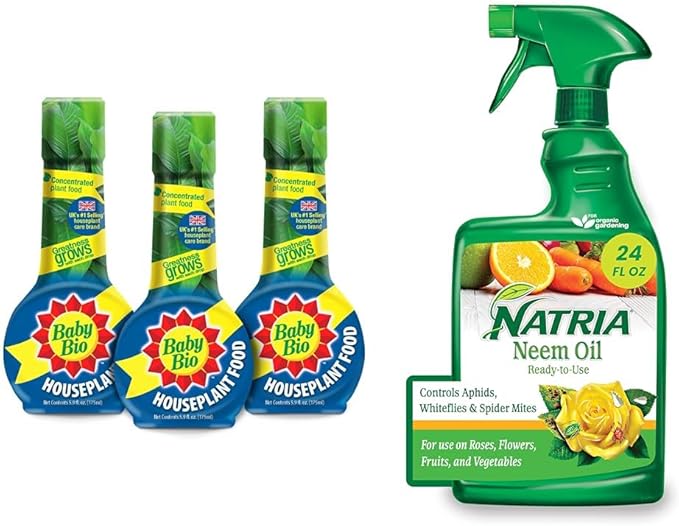 Baby Bio Houseplant Food, Concentrate, 5.9 Oz (3-Pack) with NATRIA Neem Oil Spray for Plants Pest Organic Disease Control, for Insects, 24 Oz, Ready-to-Use
