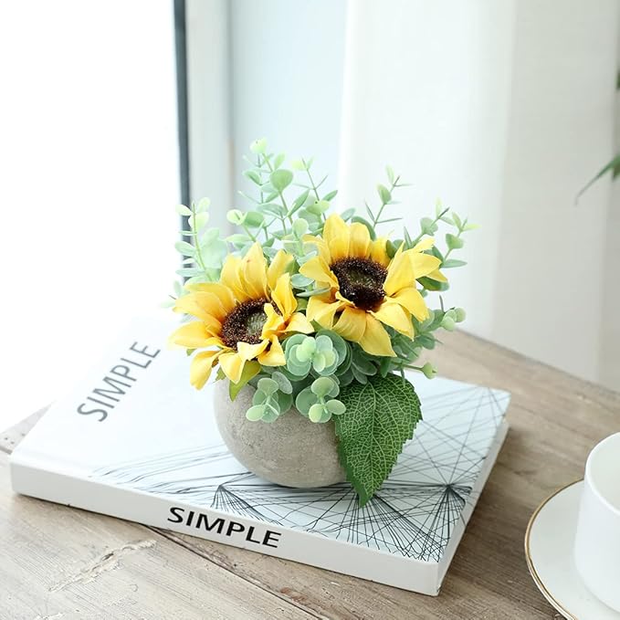 Rose in Pot Decor Potted Artificial Flowers Mini Plants Faux Flowers Indoor Small Decor Fake Roses for Home, Bathroom, Kitchen, Offices, Wedding Party Centerpieces (Yellow)