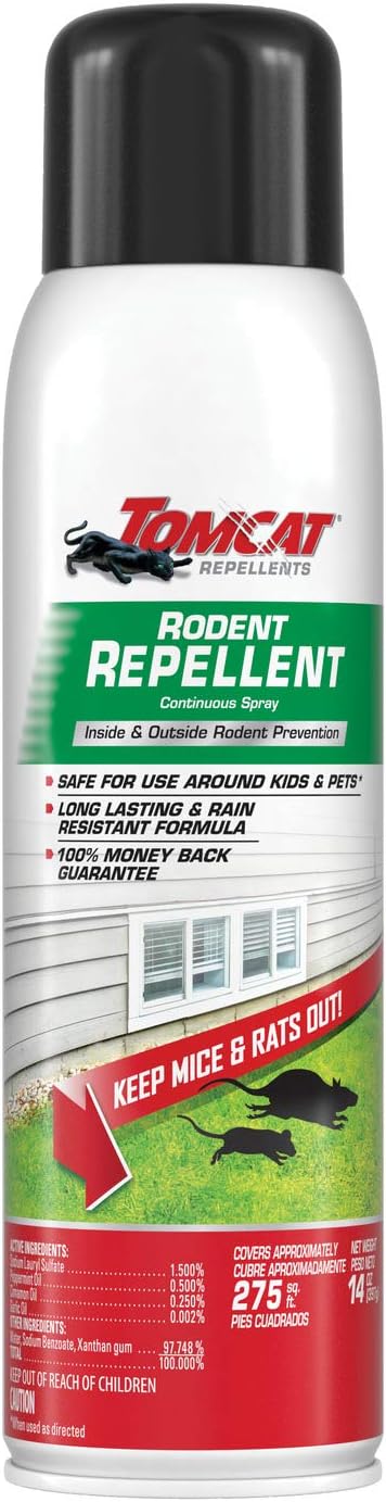 Tomcat Rodent Repellent Continuous Spray - Indoor and Outdoor Mouse and Rat Deterrent, No-Stink Cinnamon, Peppermint and Garlic Essential Oil Formula, 2-Pack