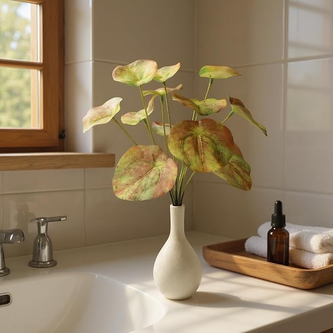 Fake Green Plants with Ceramic Vase, Artificial Tropical Faux Pilea Plants Fake Greenery Indoor for Office Desk Bedroom Livingroom Bathroom Shelf Windowsill Home House Decor (Autumn Color)